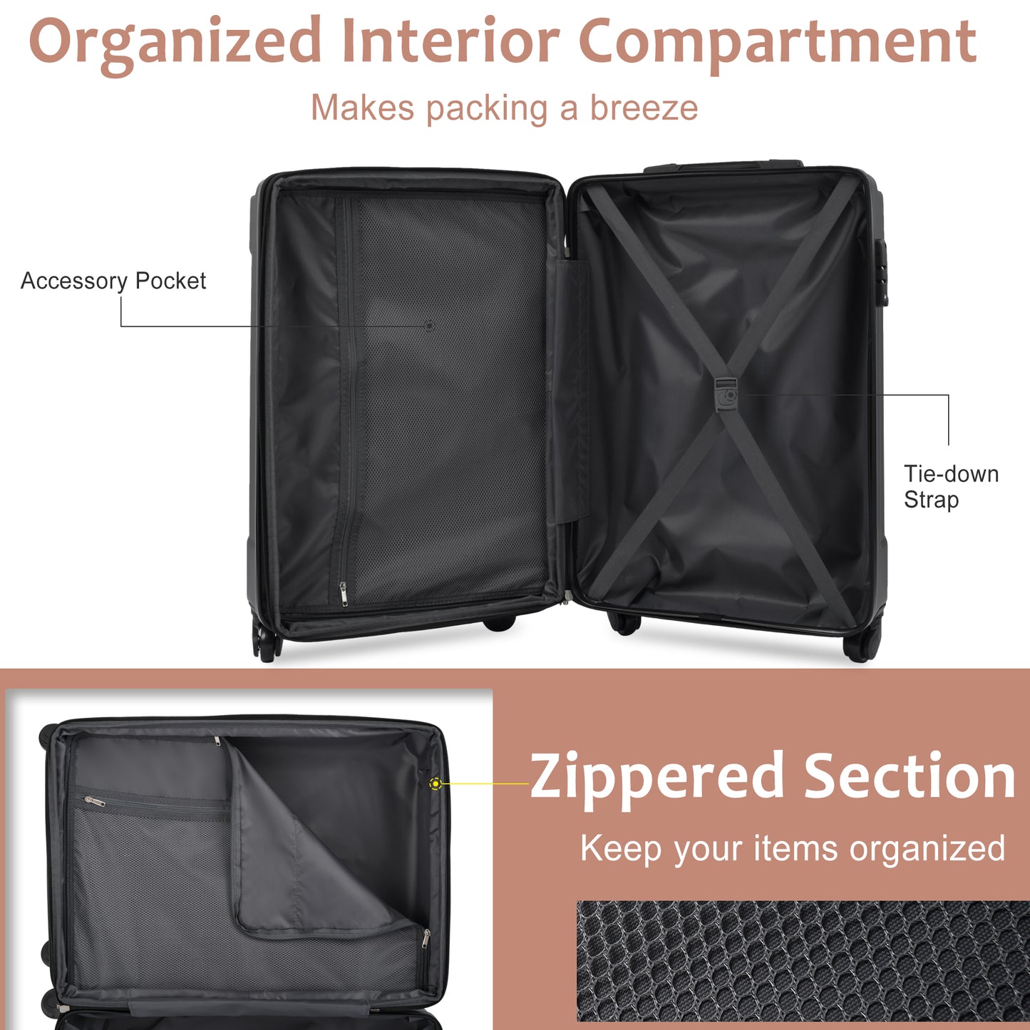 Hardshell Luggage Sets 3 Pcs Spinner TSA Lock Lightweight Suitcase