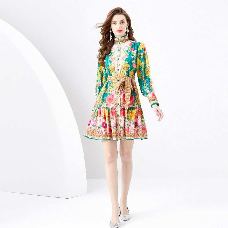 Printed mock collar lantern sleeve dress
