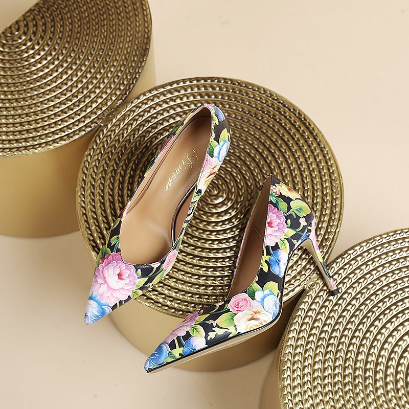 pointed printed floral pumps