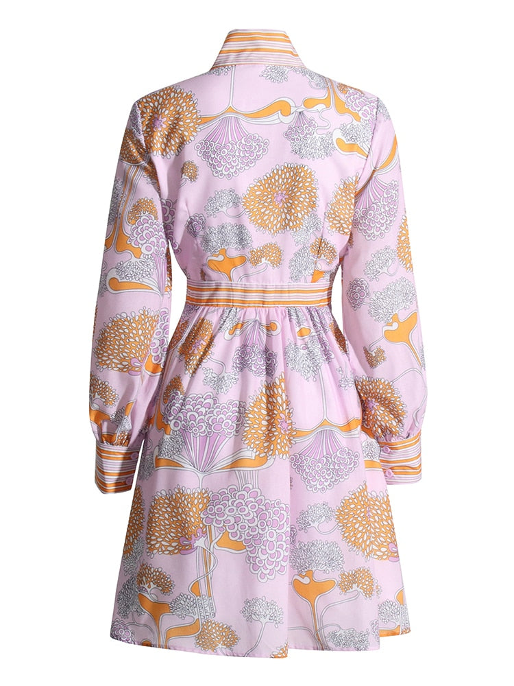 Vintage Print Bowknot Collar Long Sleeve High Waist Midi Dress