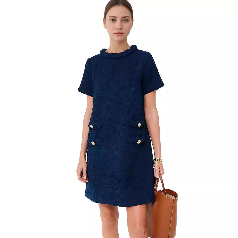 Round neck decorative pocketed dress