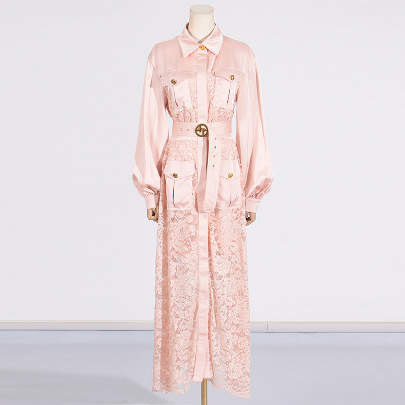 Collared Pocket lace banded belt dress