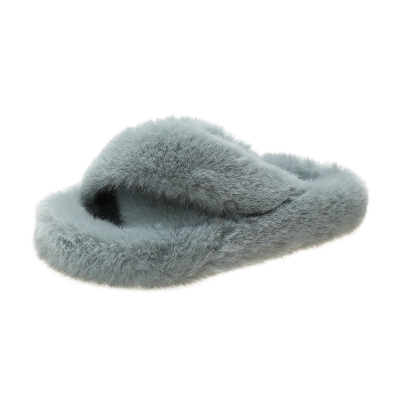 Plus Size New Style Of Autumn And Winter Korean Style All-Match Outer Wear Flat Bottom Fashionable Hairy Women's Slippers