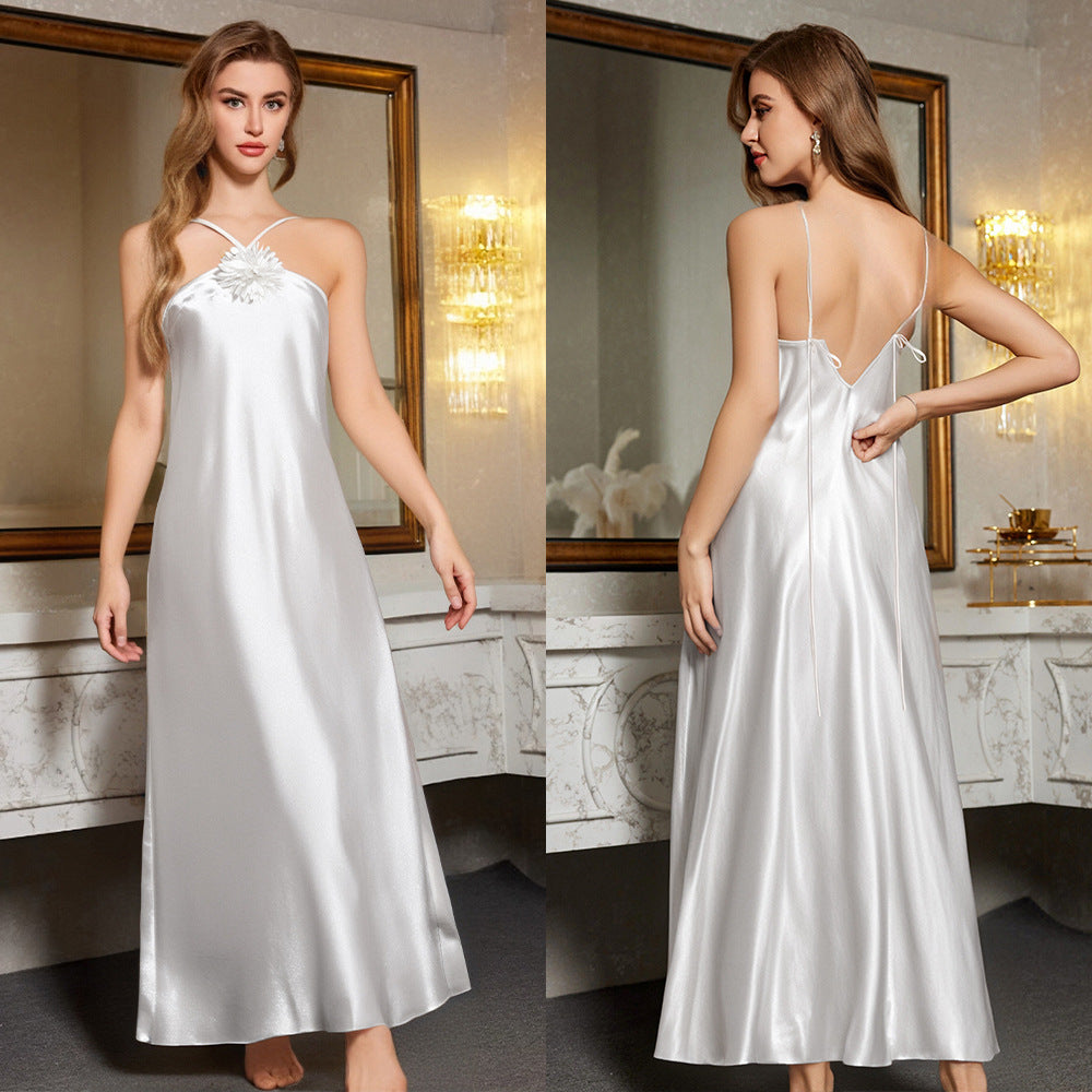Backless silky long nightgown