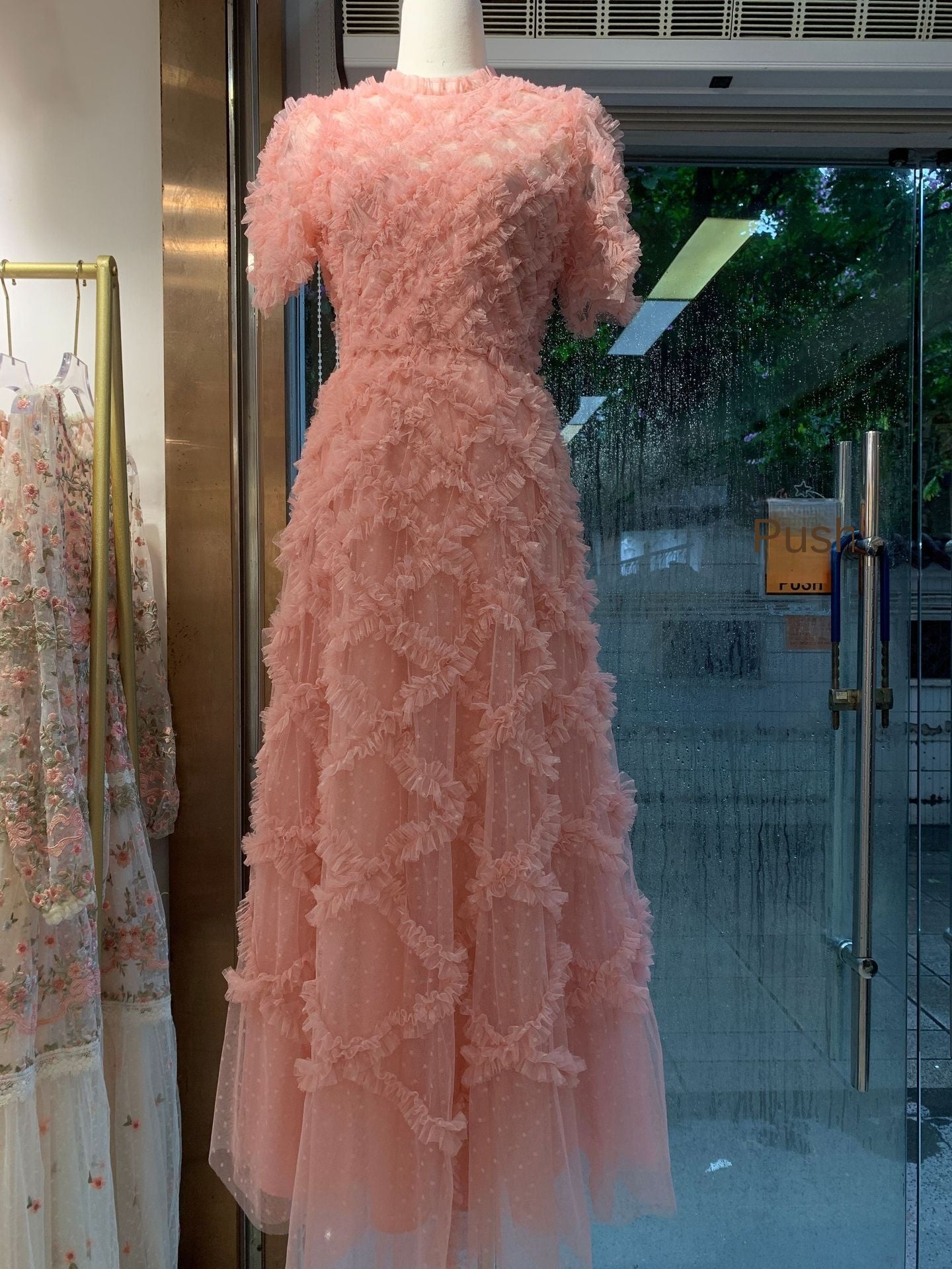 Round Neck High Waist Mesh Embroidery Dress