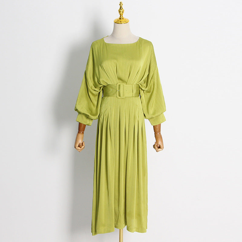 elegant satin belted waist pleated seven dress