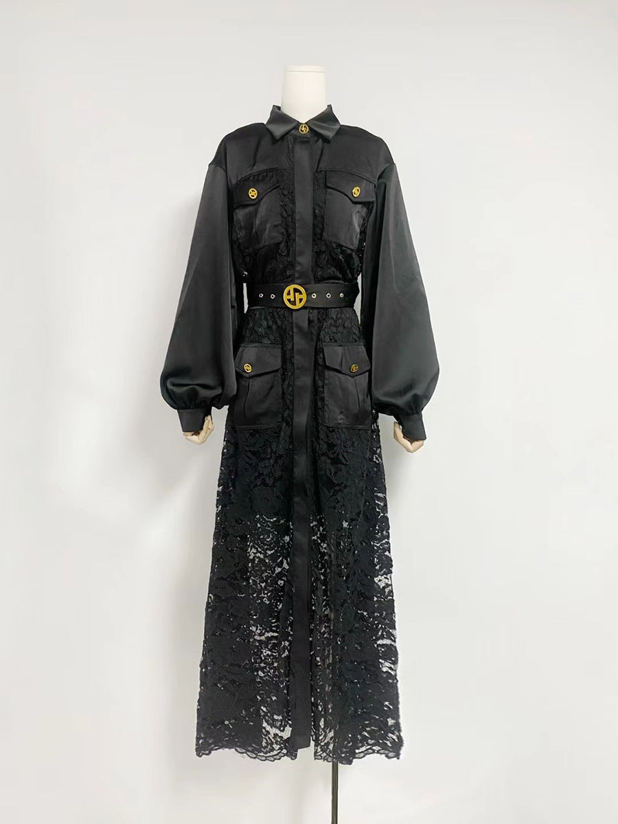 Collared Pocket lace banded belt dress