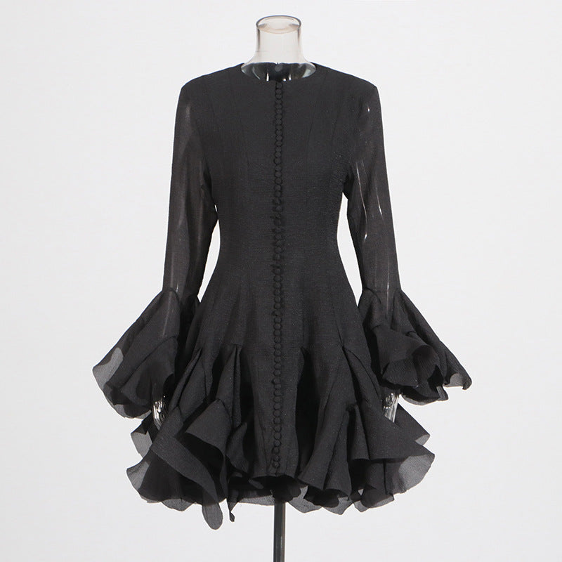 Round neck ruffled trumpet sleeve dress for