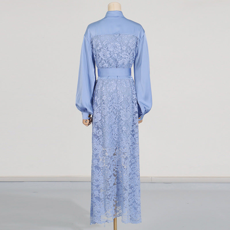 Collared Pocket lace banded belt dress