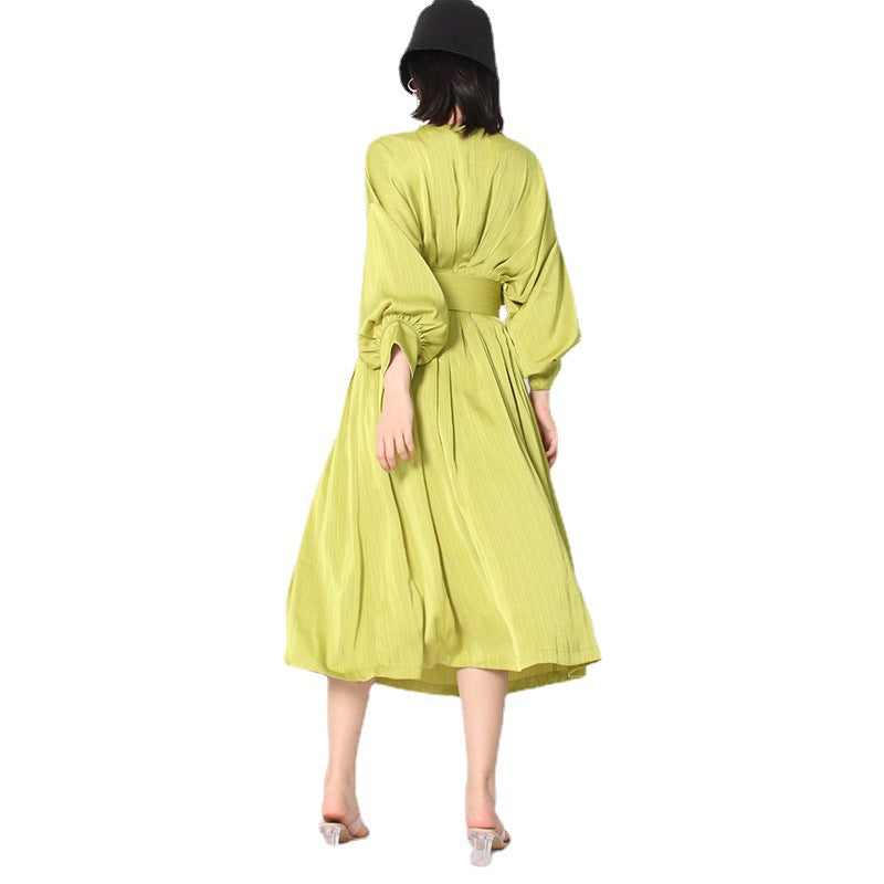 elegant satin belted waist pleated seven dress