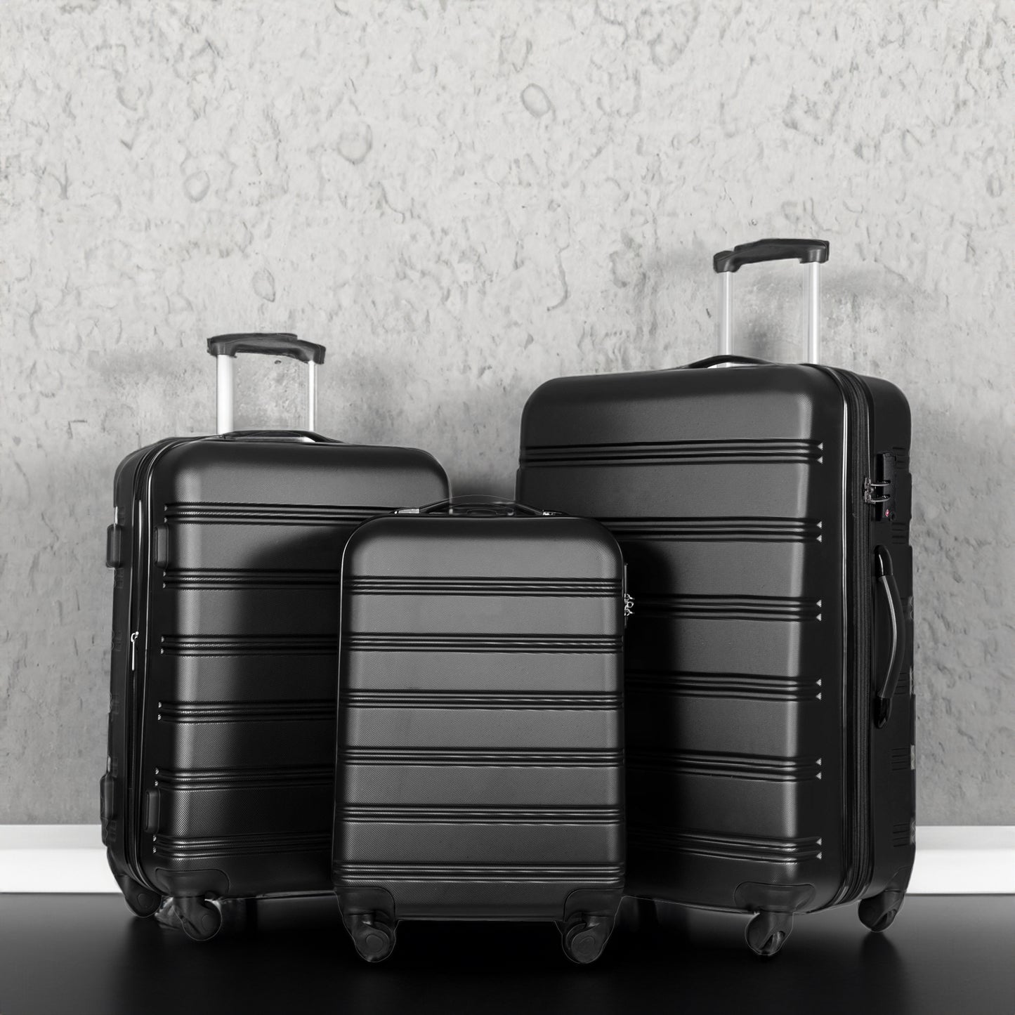 Black 3 Piece Luggage Set Hardside Spinner Suitcase TSA Lock