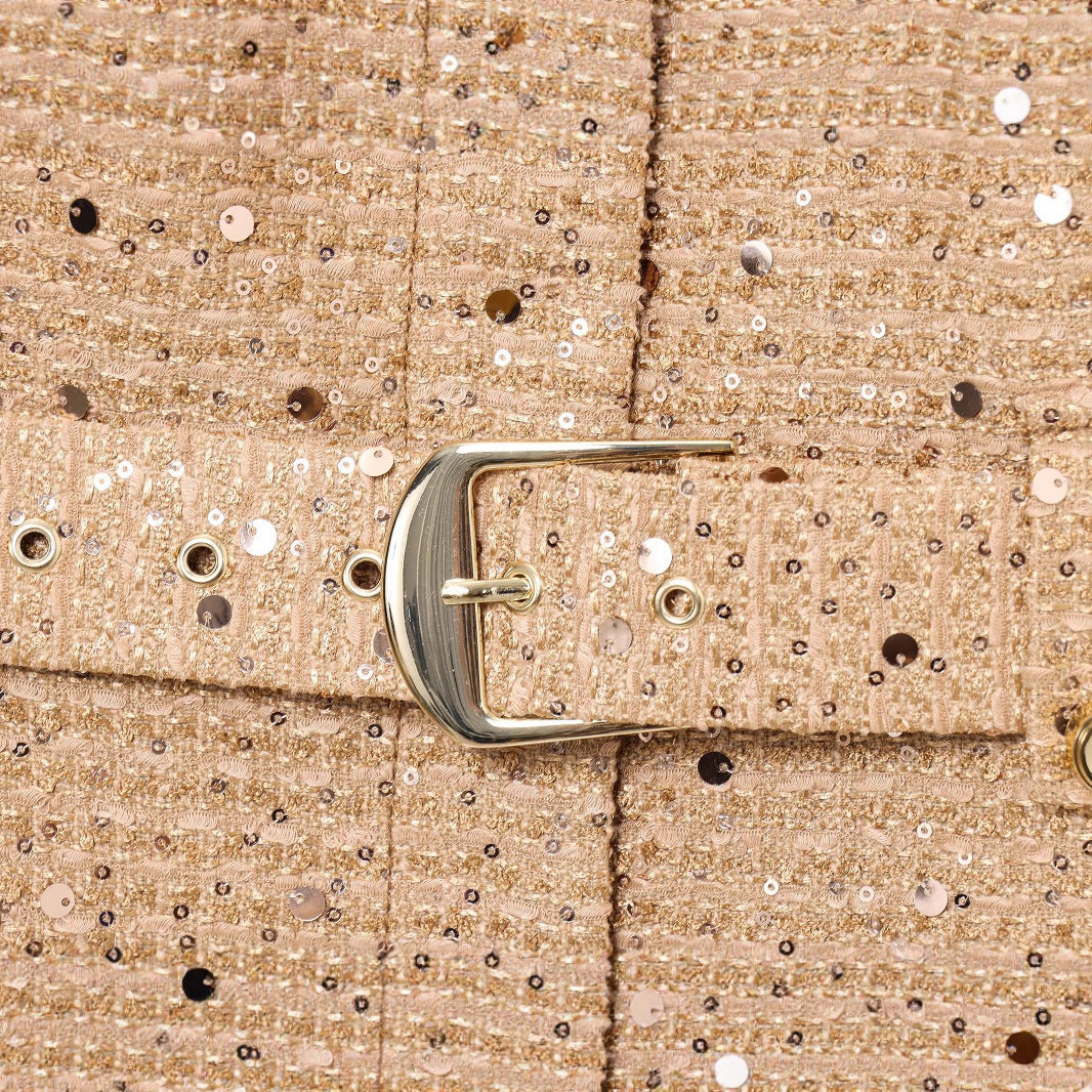 Round neck belted sequin jacket