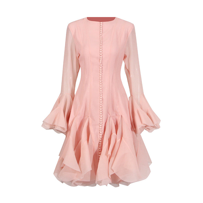 Round neck ruffled trumpet sleeve dress for