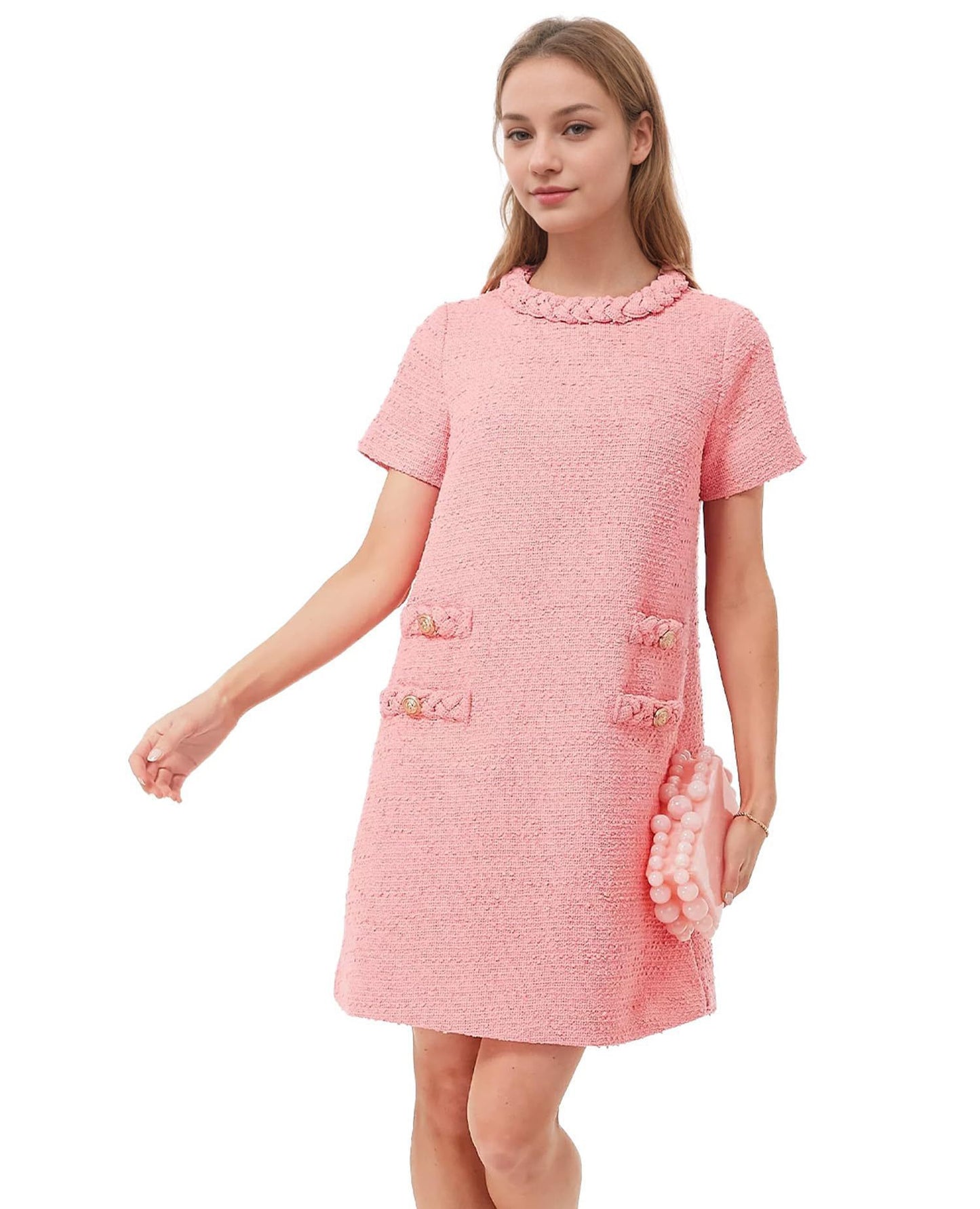 Round neck decorative pocketed dress
