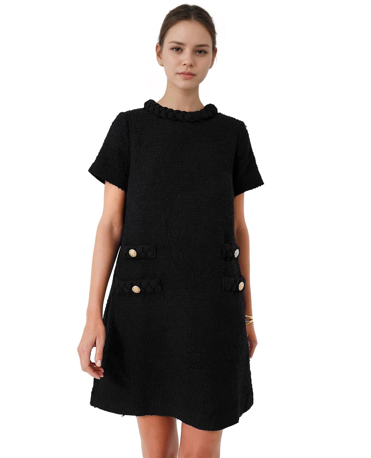 Round neck decorative pocketed dress