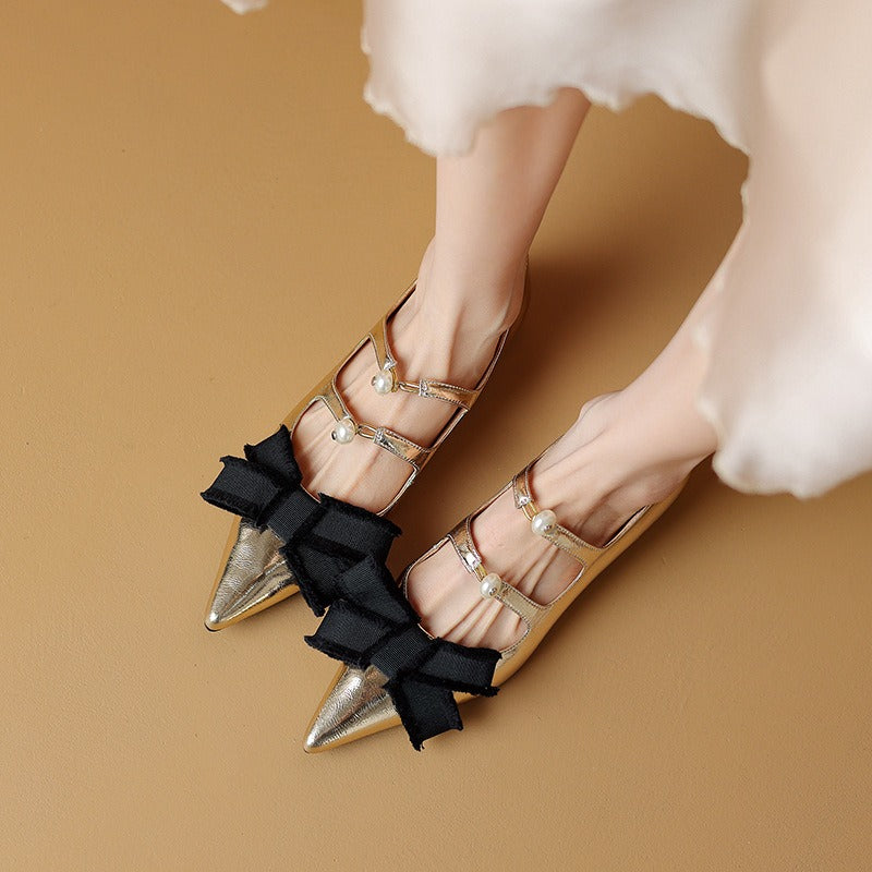 Pointed toe double strap bow flats
