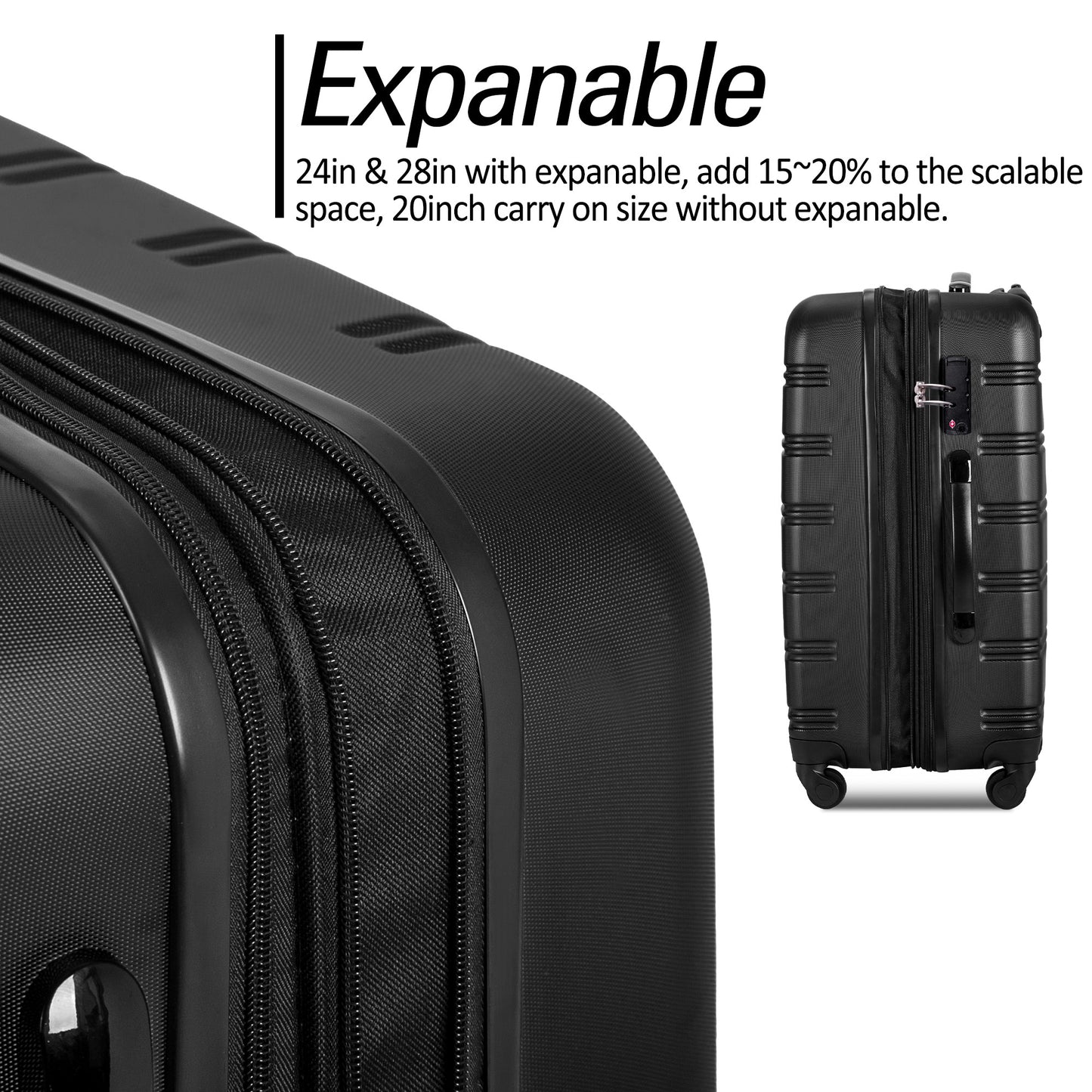 Black 3 Piece Luggage Set Hardside Spinner Suitcase TSA Lock
