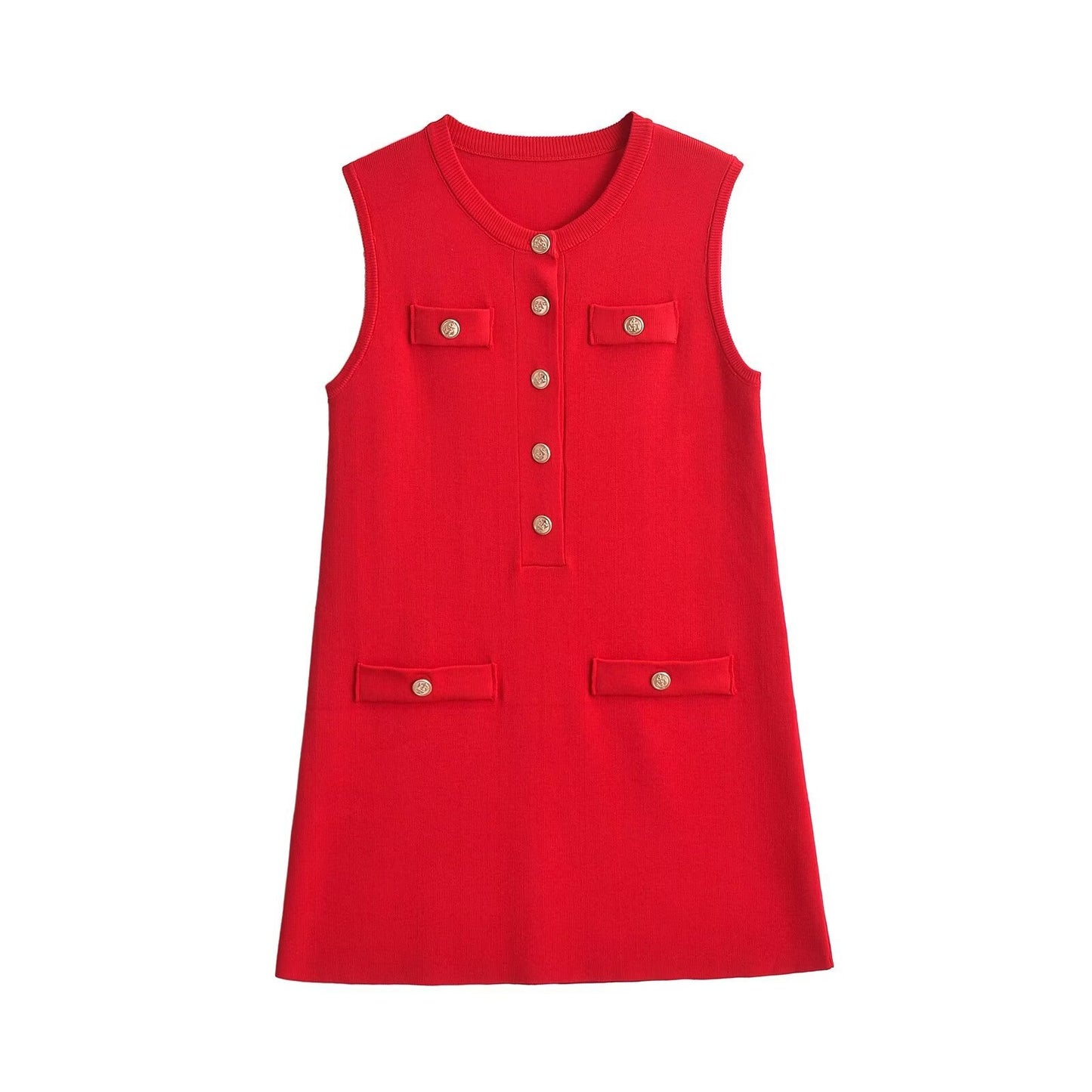 Round neck sleeveless single breasted knitted dress