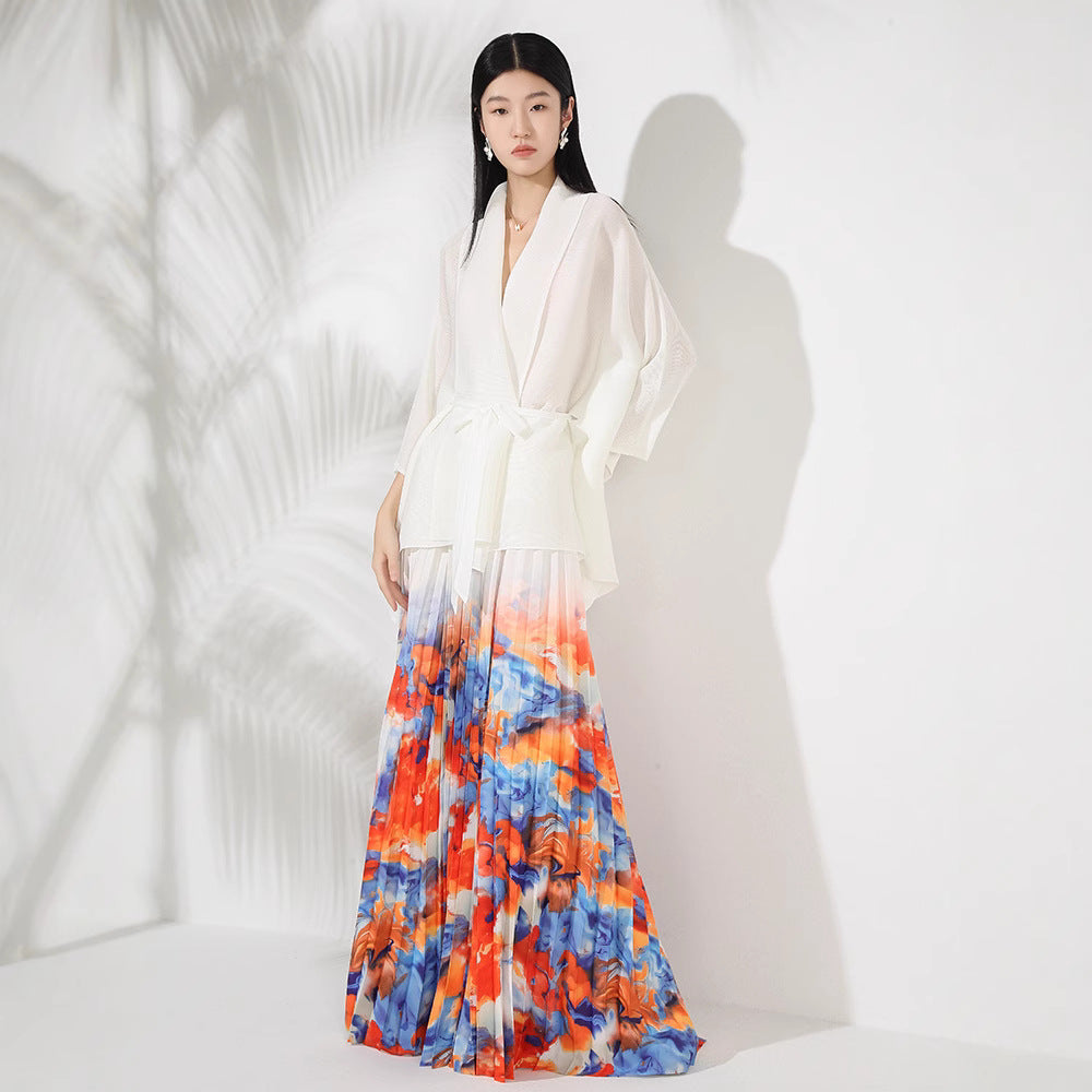 Wrinkle print lapel tie long sleeved top for women's high waisted long skirt mid eastern style dress
