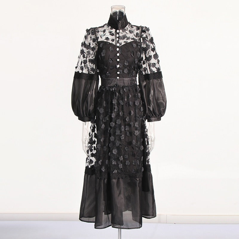 Mock collar lace puff sleeves dress