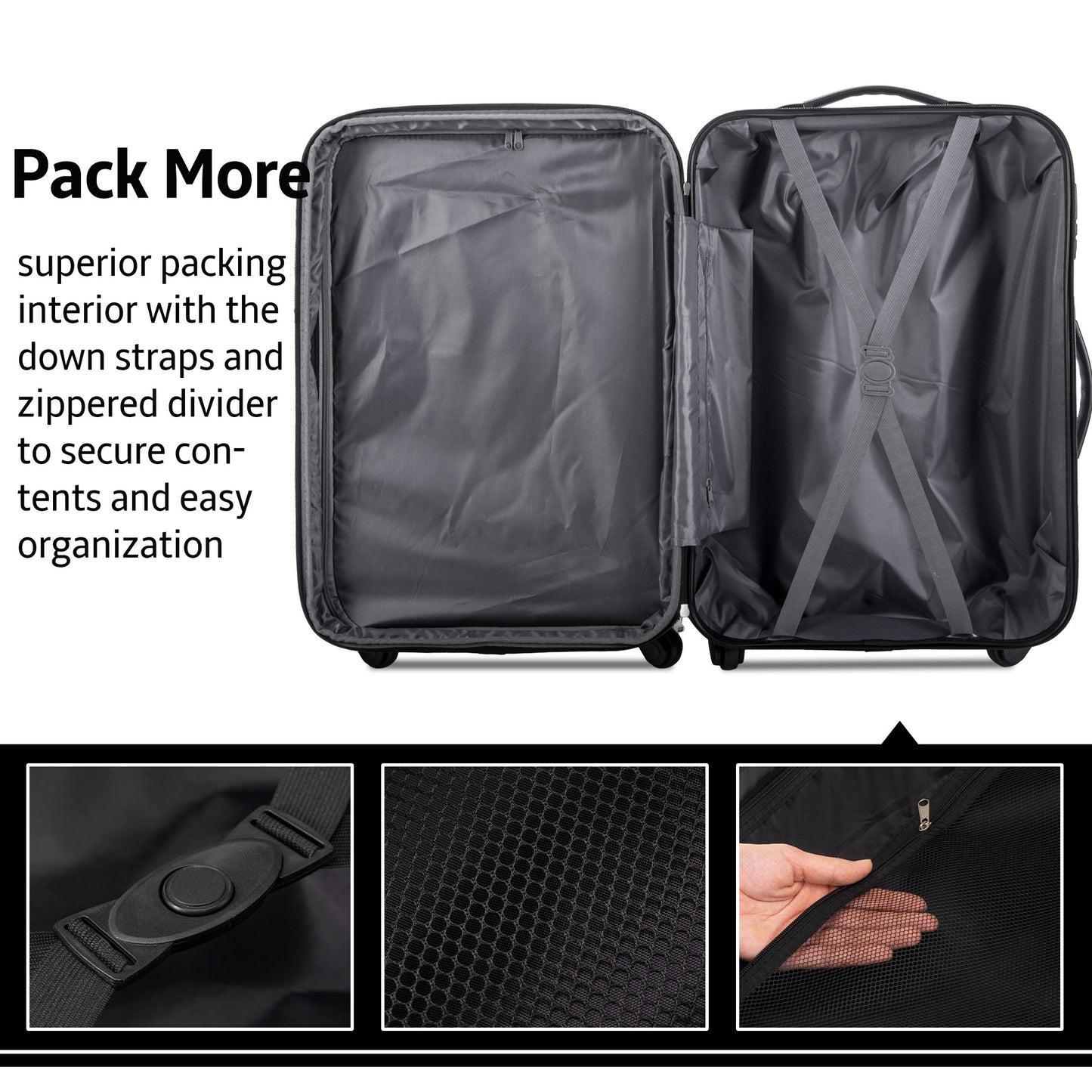 Black 3 Piece Luggage Set Hardside Spinner Suitcase TSA Lock