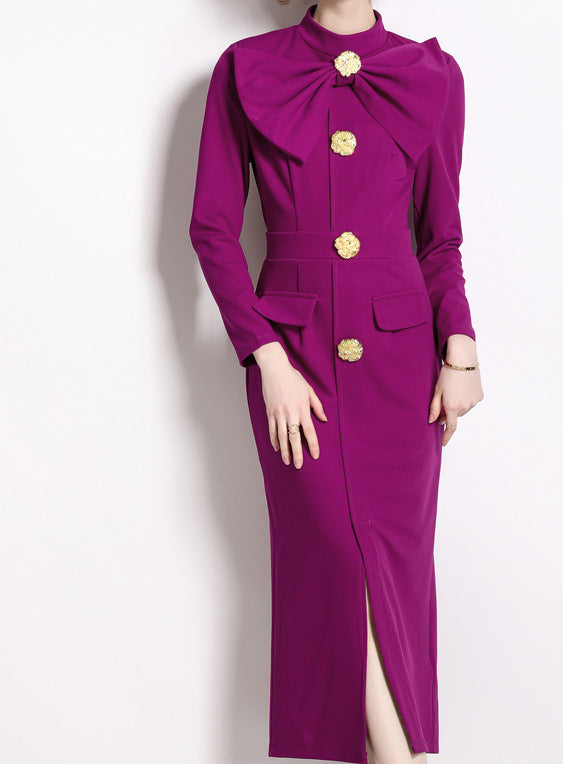 Elegant bow tie decorative button dress