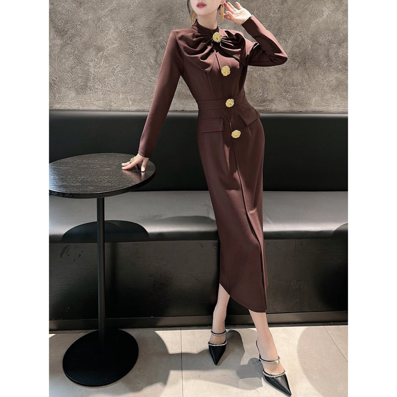 Elegant bow tie decorative button dress