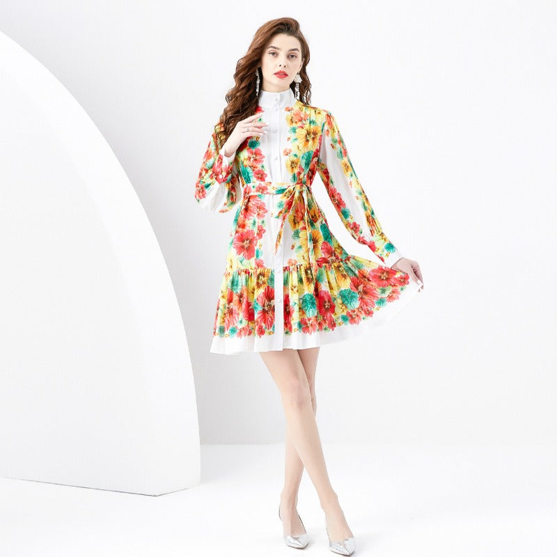 Printed mock collar lantern sleeve dress