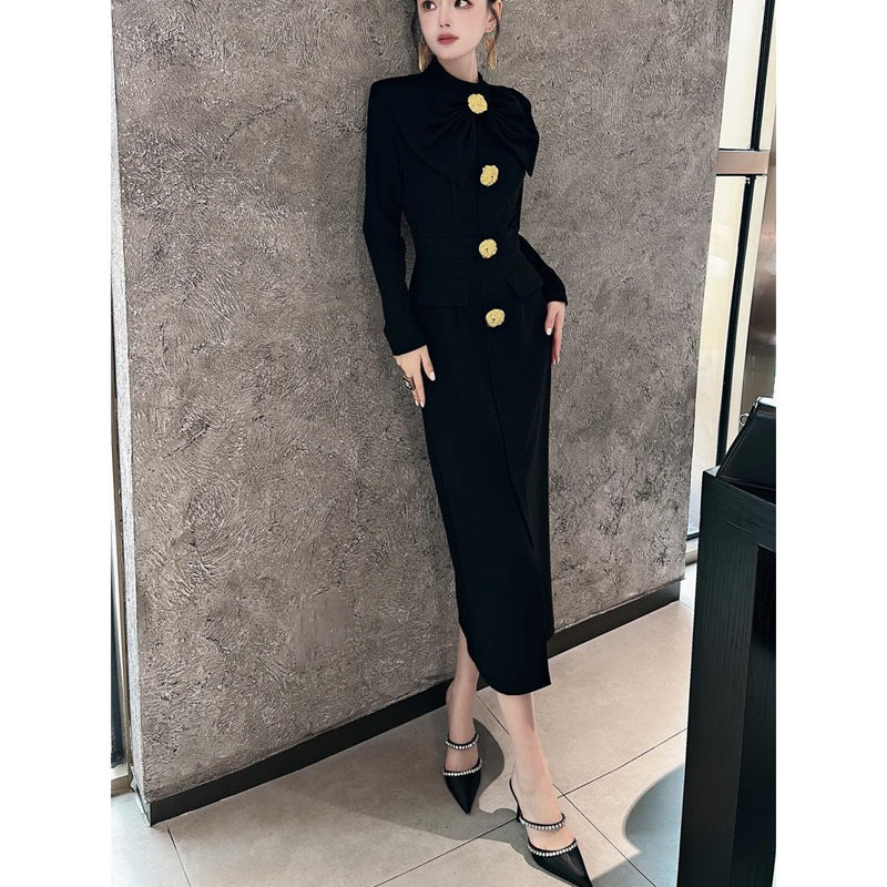 Elegant bow tie decorative button dress