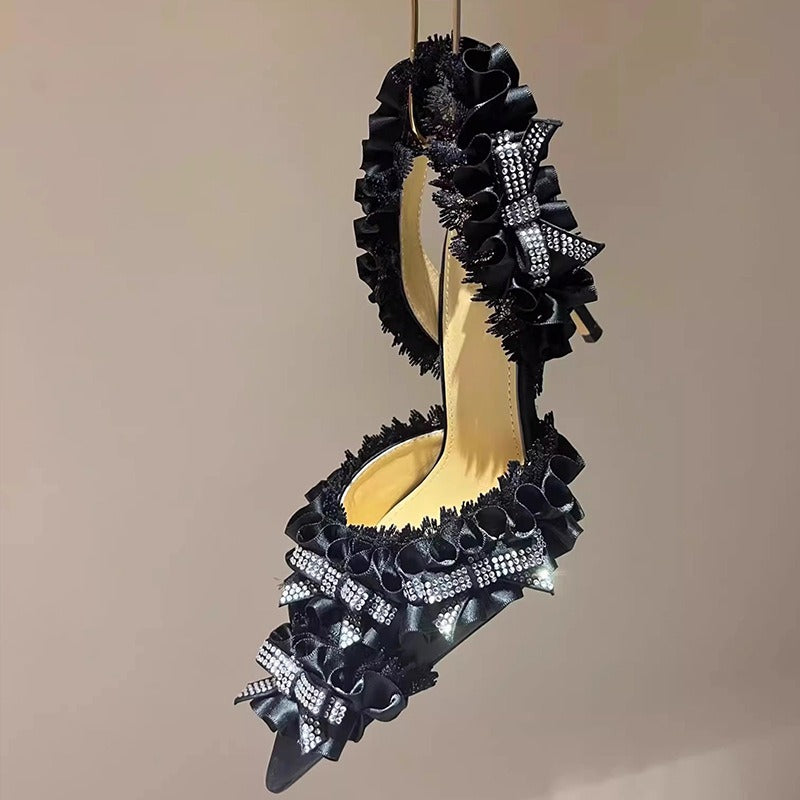 rhinestone with lace silk high heeled pumps