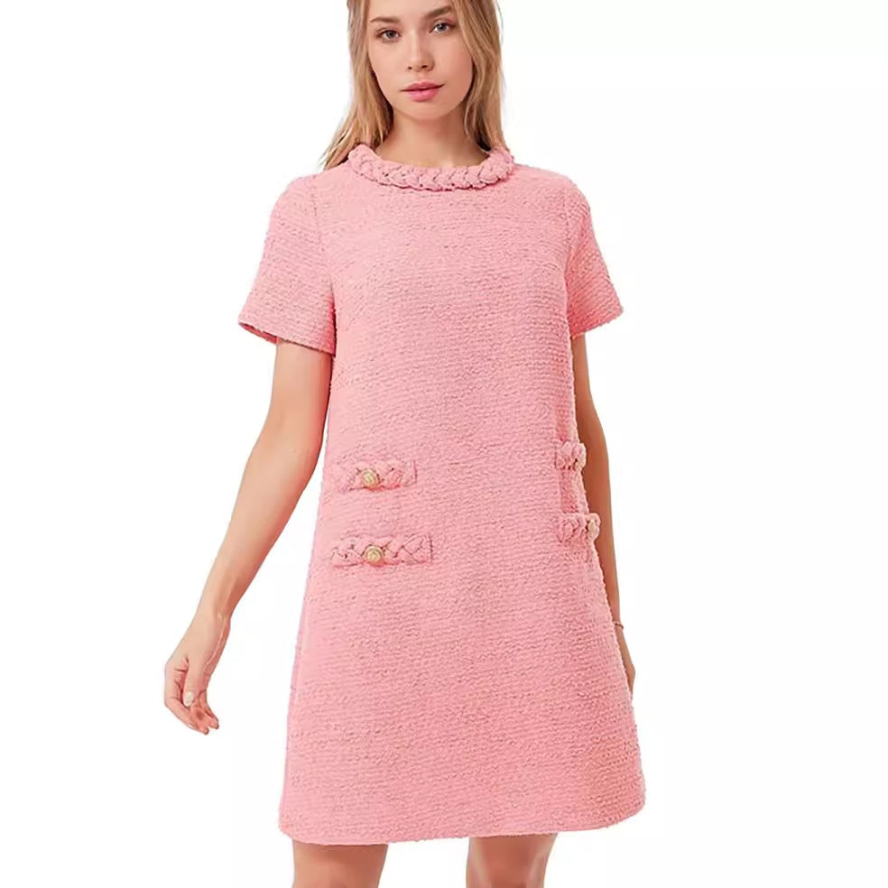 Round neck decorative pocketed dress