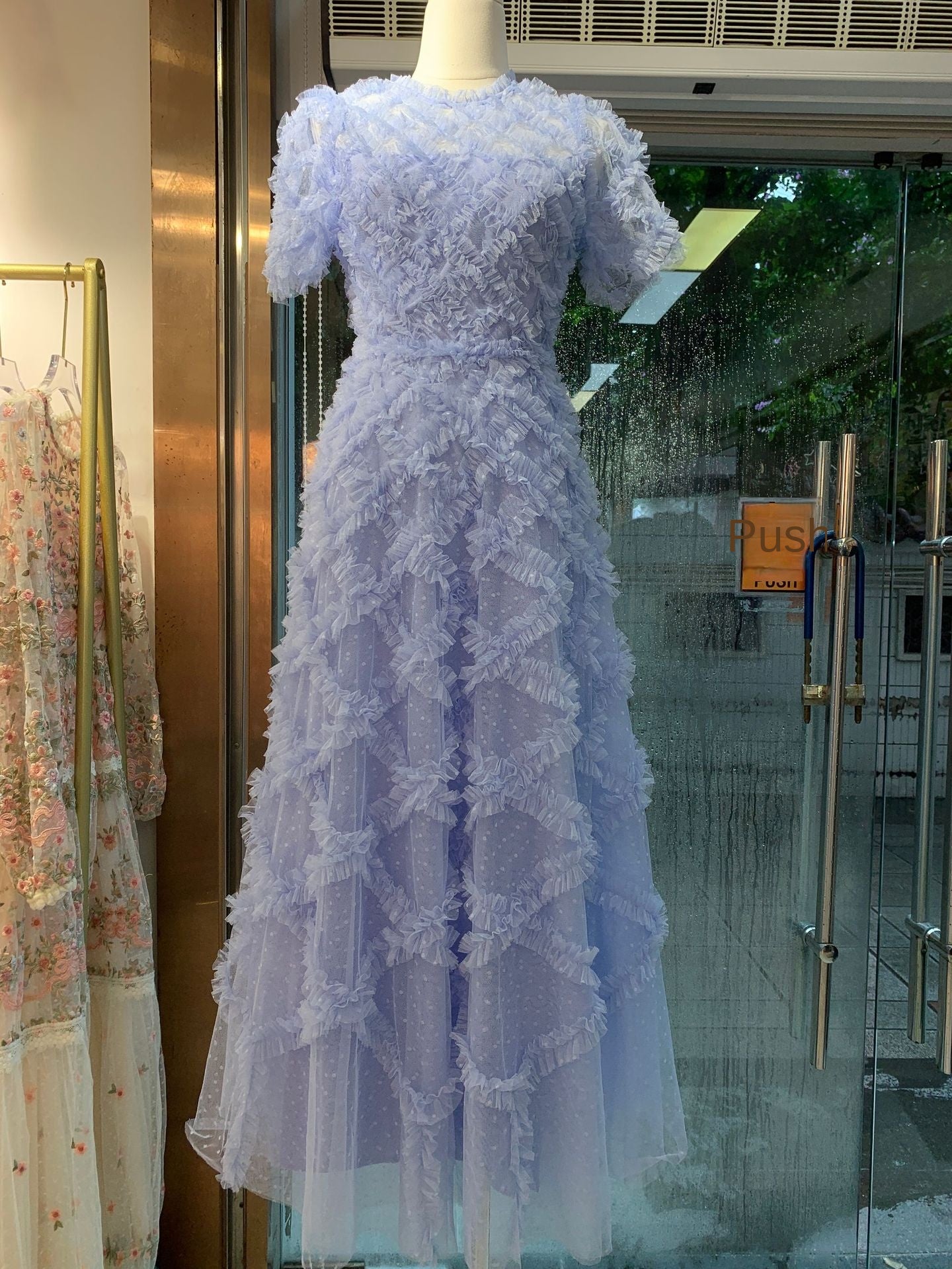 Round Neck High Waist Mesh Embroidery Dress