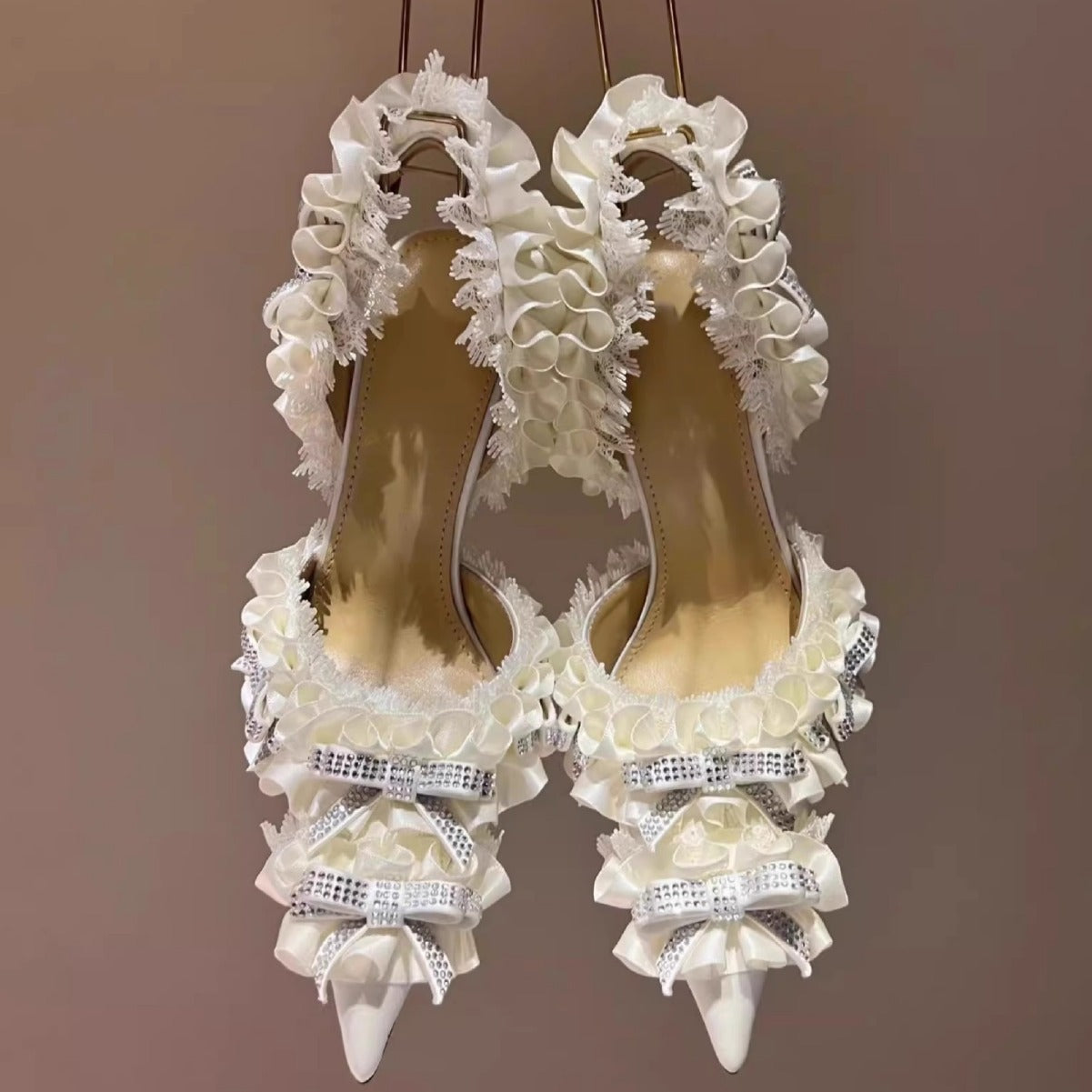 rhinestone with lace silk high heeled pumps