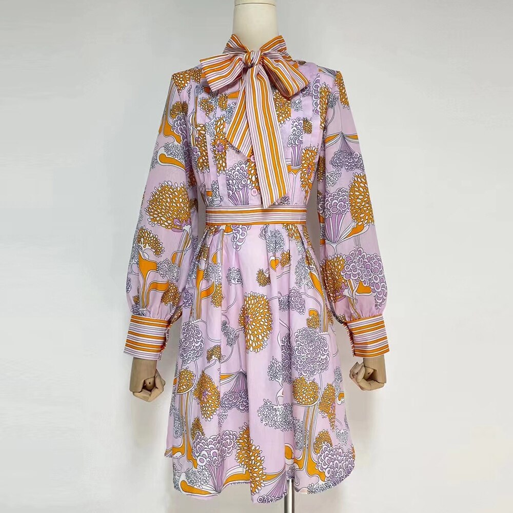 Vintage Print Bowknot Collar Long Sleeve High Waist Midi Dress