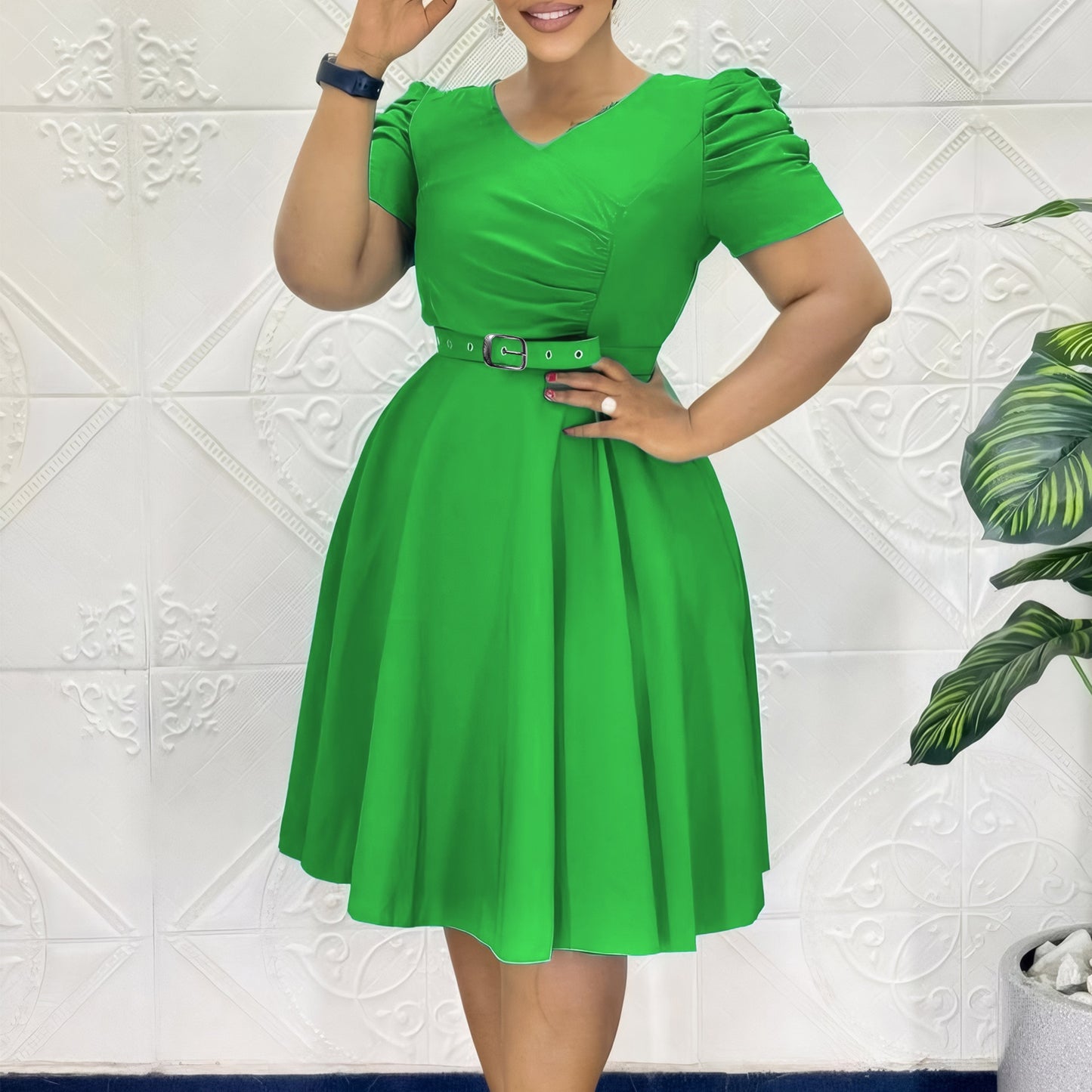 Pleated Elegant V-neck Flared Dress