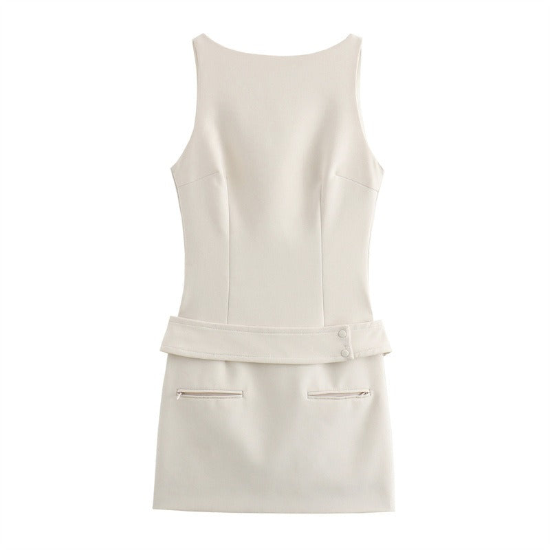 Belt decoration solid color short sleeveless dress