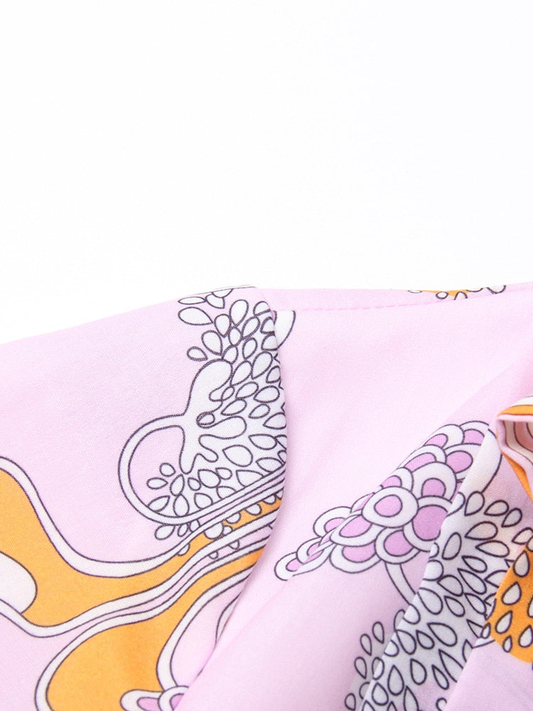 Vintage Print Bowknot Collar Long Sleeve High Waist Midi Dress