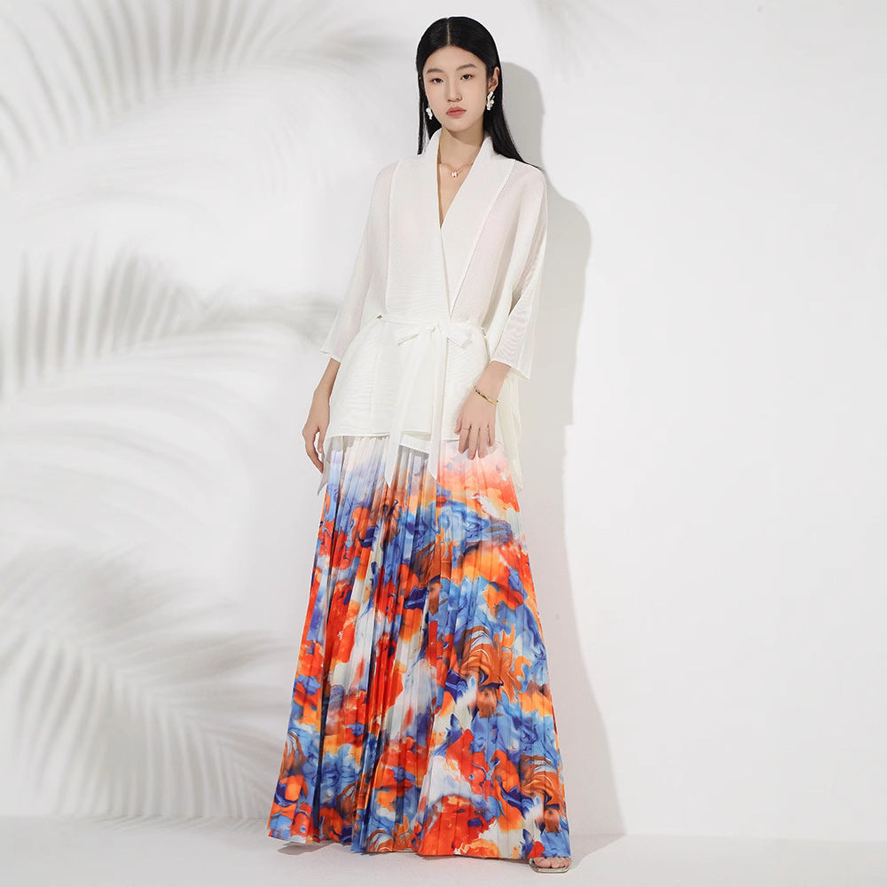 Wrinkle print lapel tie long sleeved top for women's high waisted long skirt mid eastern style dress