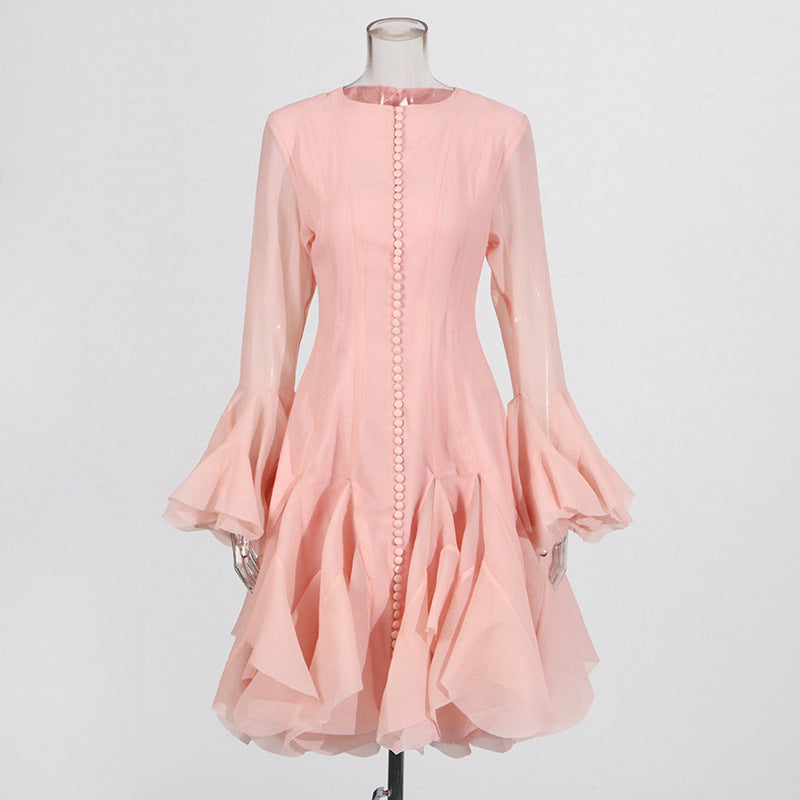Round neck ruffled trumpet sleeve dress for