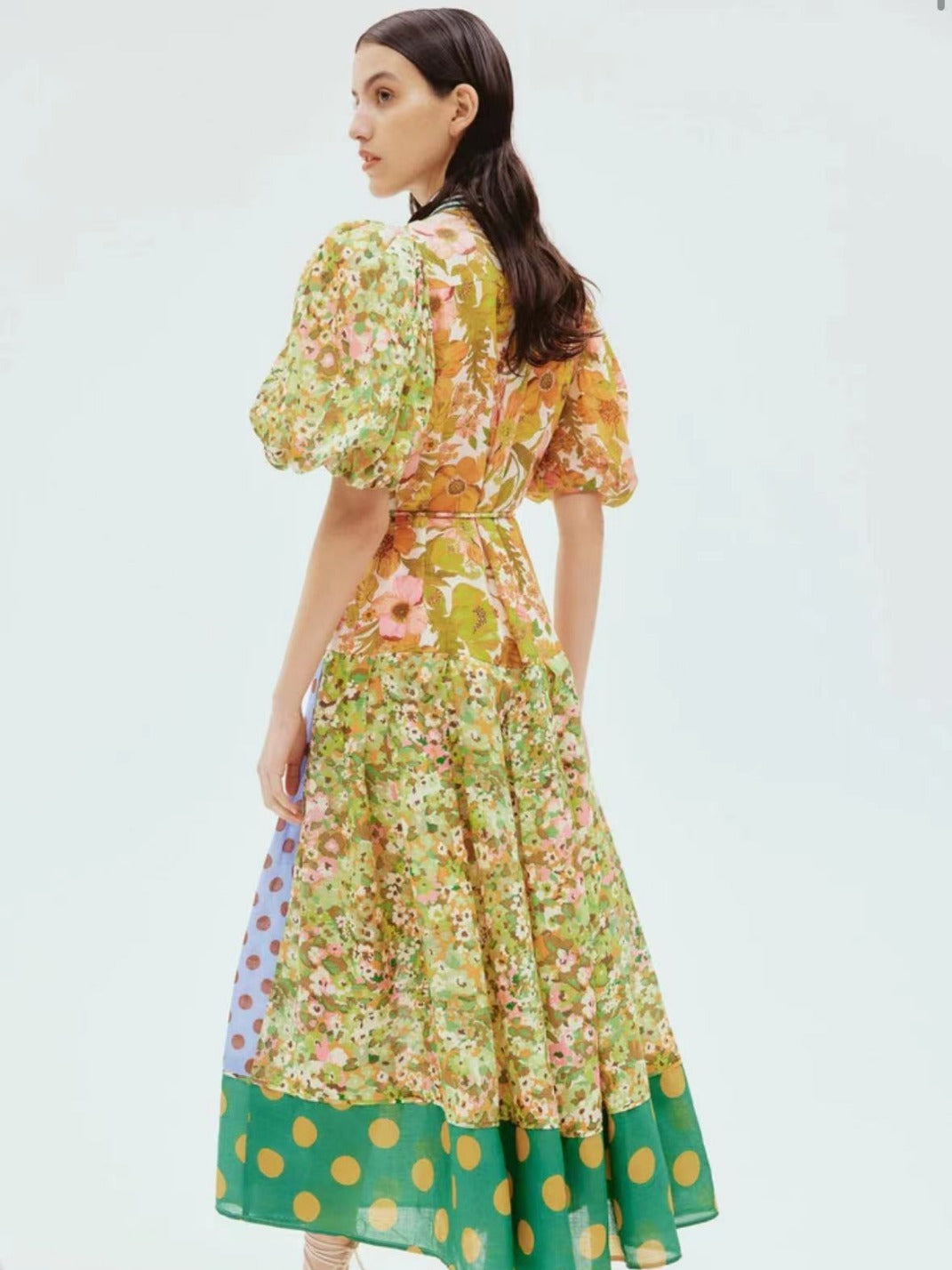 , color blocking, waistband bubble sleeve dress
