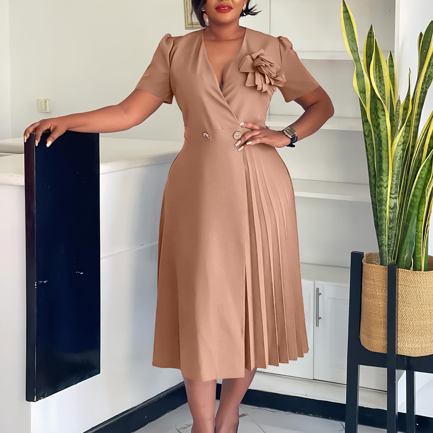 V-neck Elegant Pleated Dress