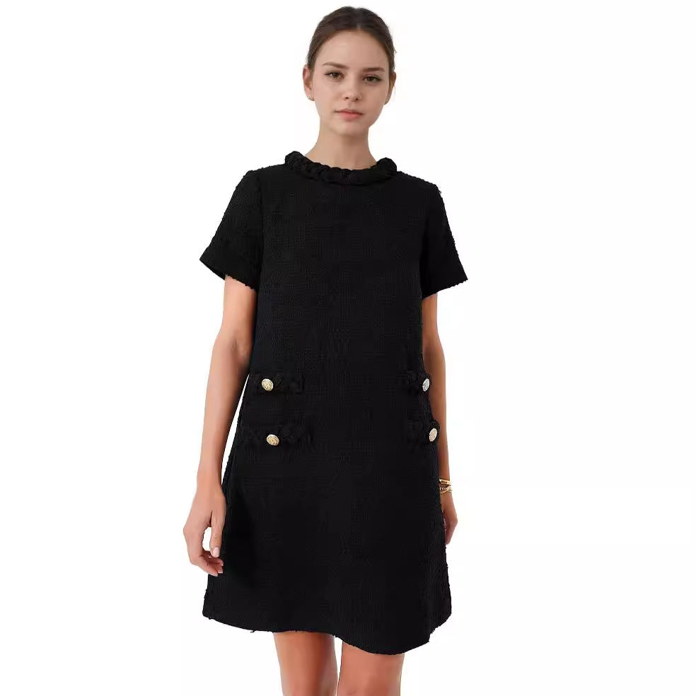 Round neck decorative pocketed dress