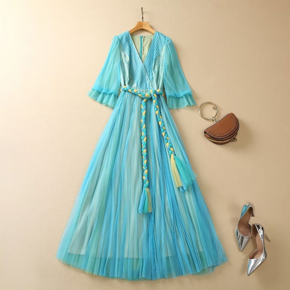 V-neck pleated mesh dress