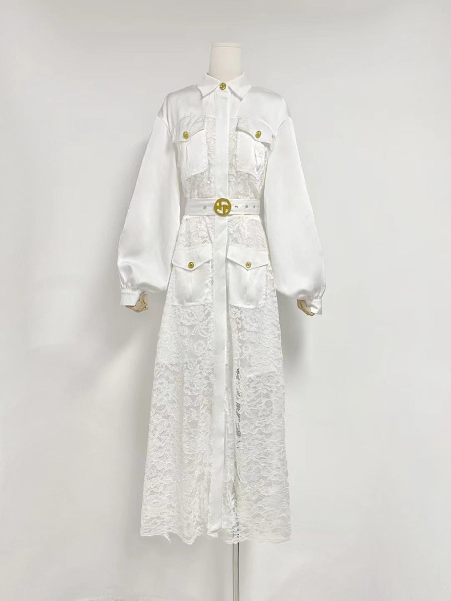 Collared Pocket lace banded belt dress