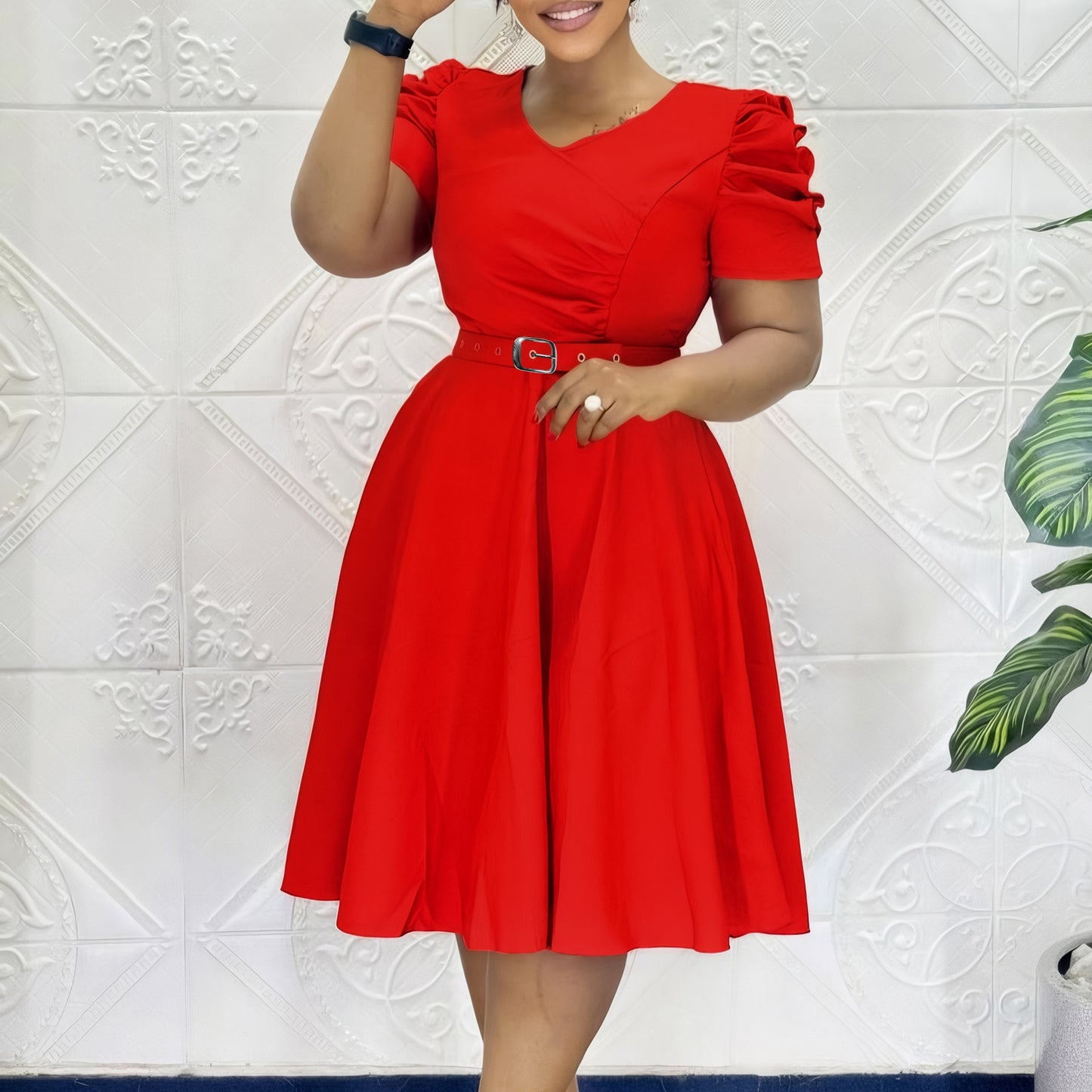 Pleated Elegant V-neck Flared Dress