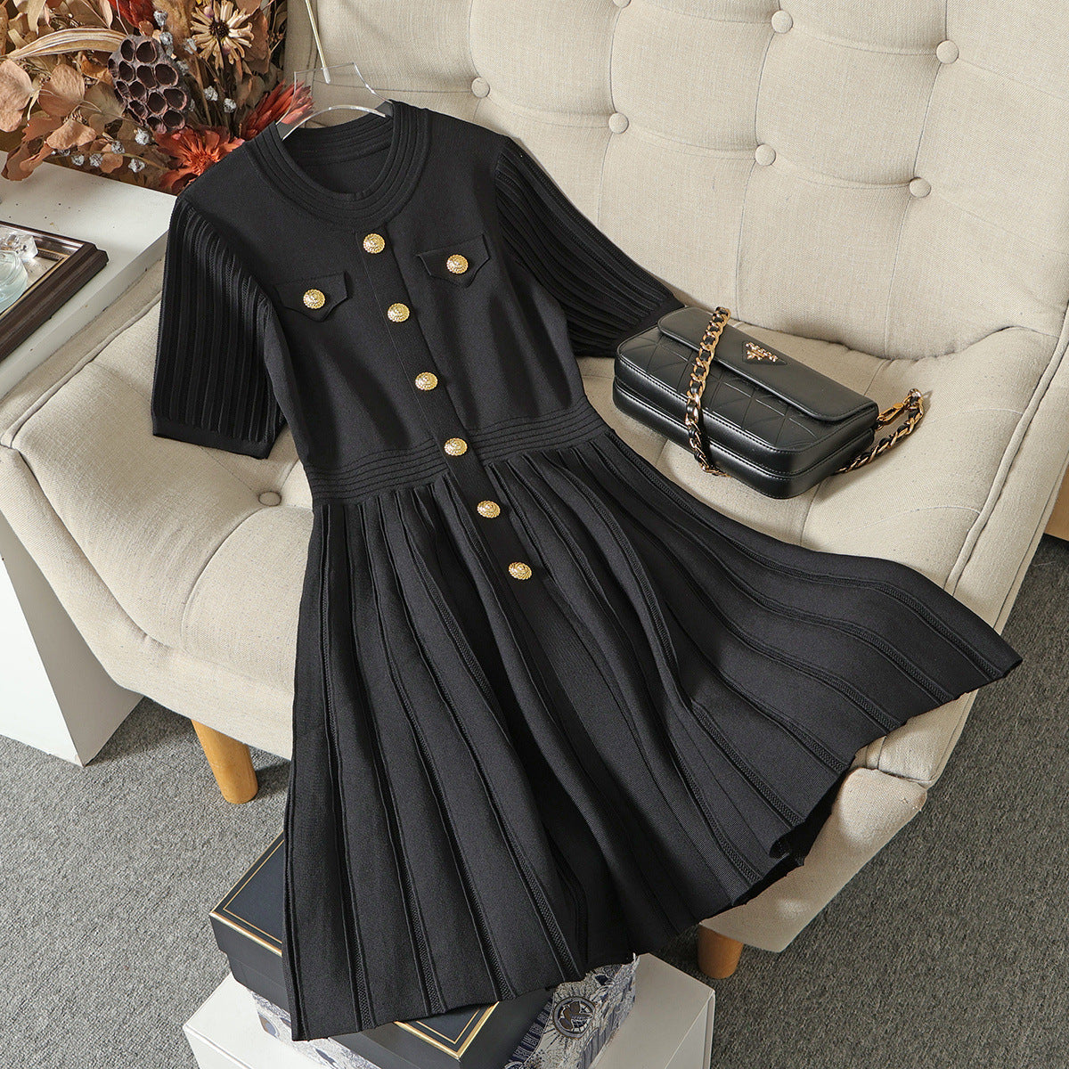 Decorative botton pocket knitted dress