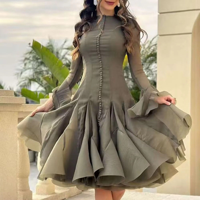 Round neck ruffled trumpet sleeve dress for