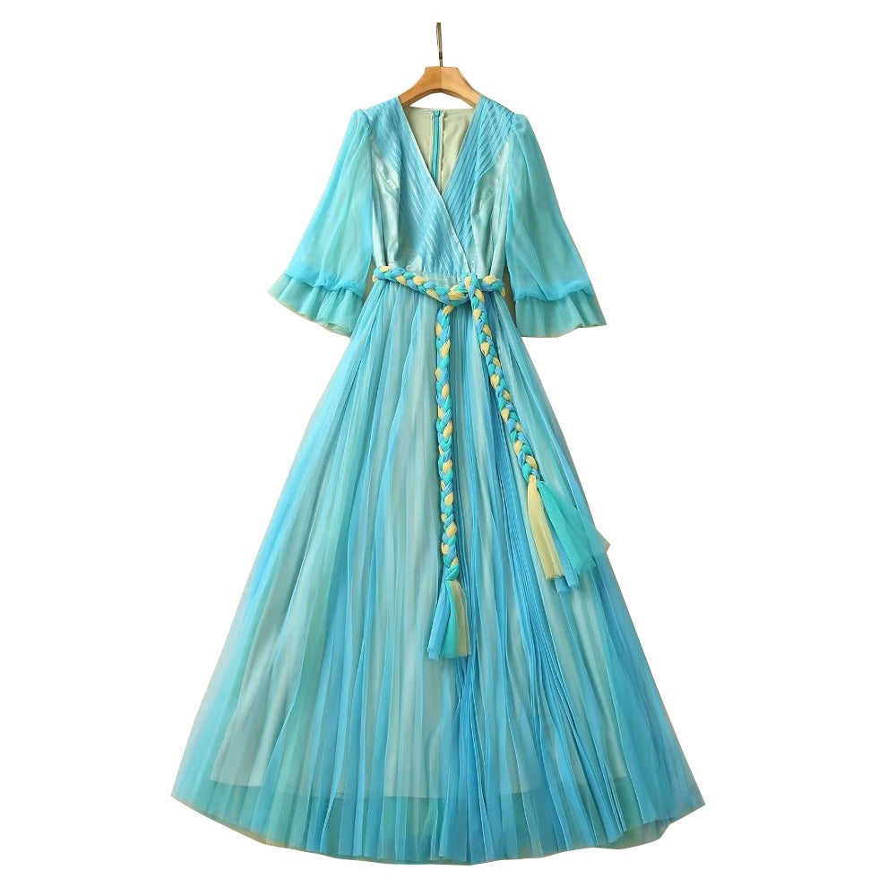 V-neck pleated mesh dress