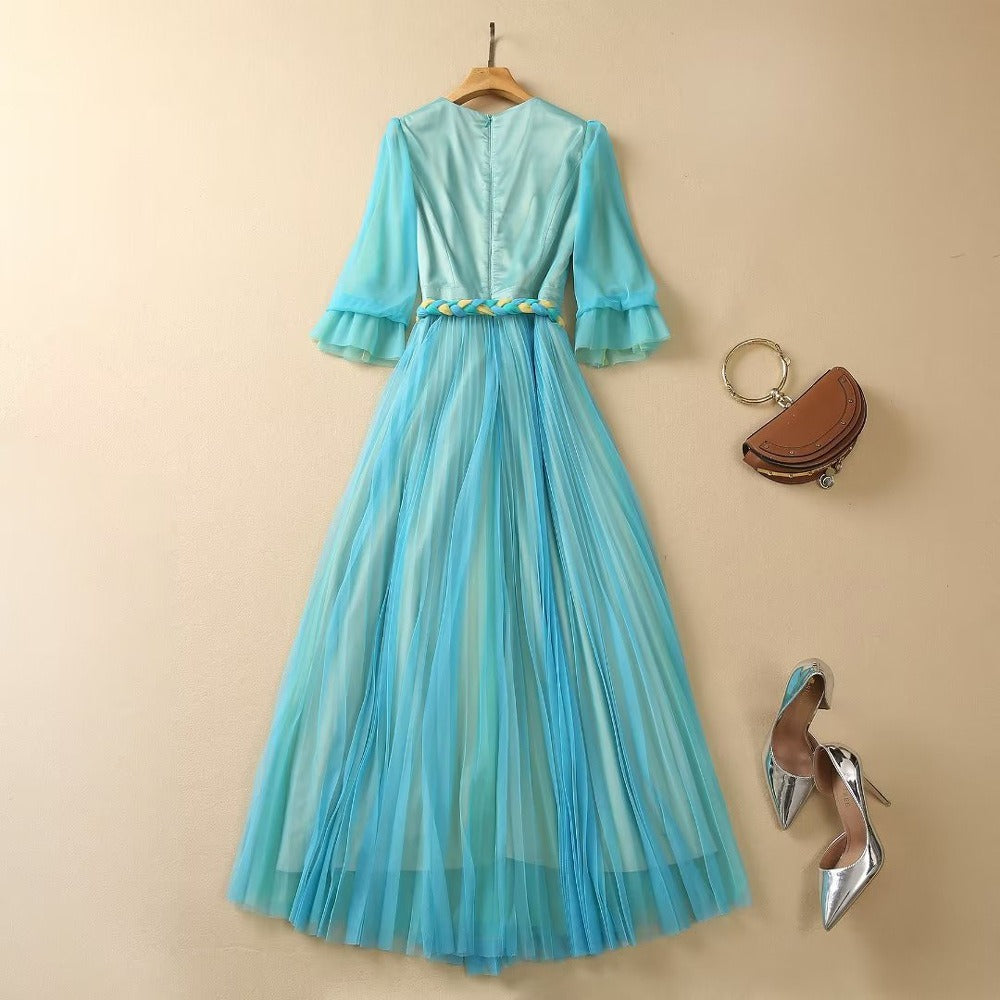V-neck pleated mesh dress