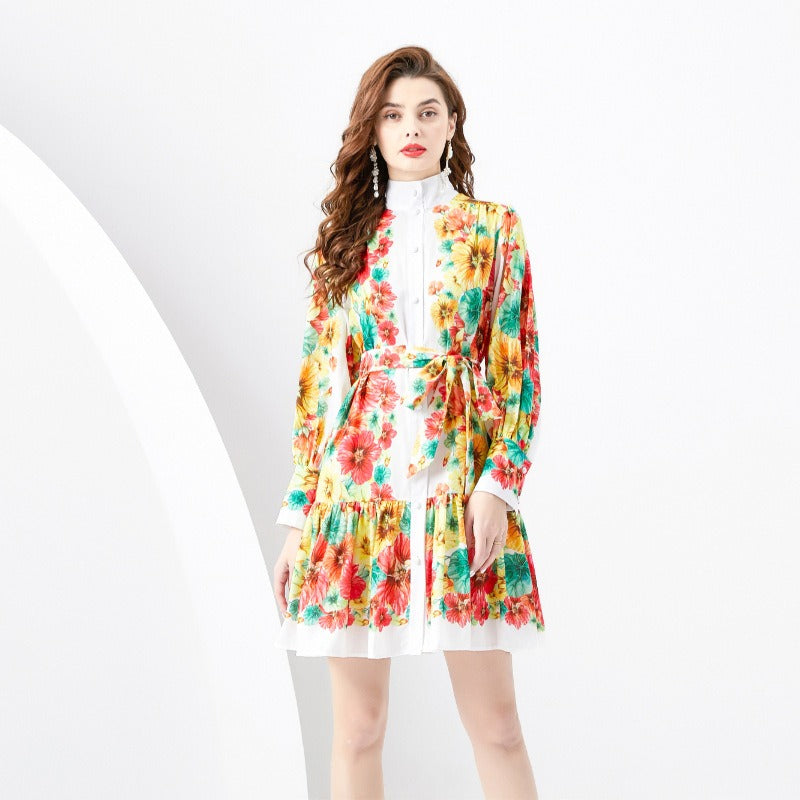 Printed mock collar lantern sleeve dress
